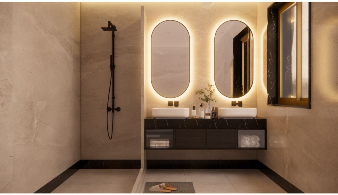 Long marble-floor entry corridor with brass jali screens